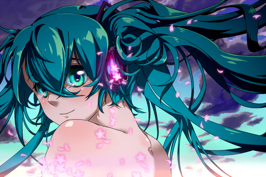 aqua_eyes aqua_hair commentary_request female flower hatsune_miku headphones long_hair looking_back nemeko nude petals smile solo twintails vocaloid