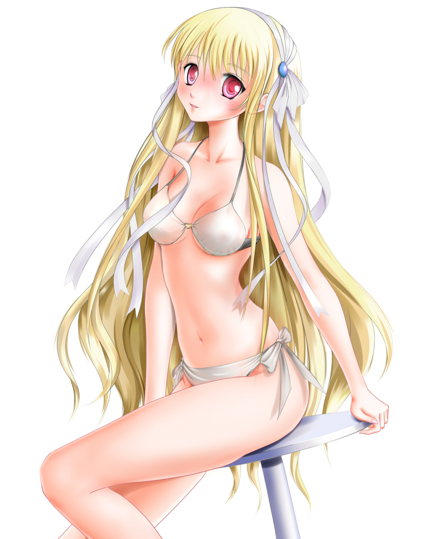 bikini blonde_hair clarissa_satsuki_maezono commentary_request female hair_ribbon highres honeycoming_royalsweet long_hair miharin red_eyes ribbon see-through solo swimsuit table white_bikini