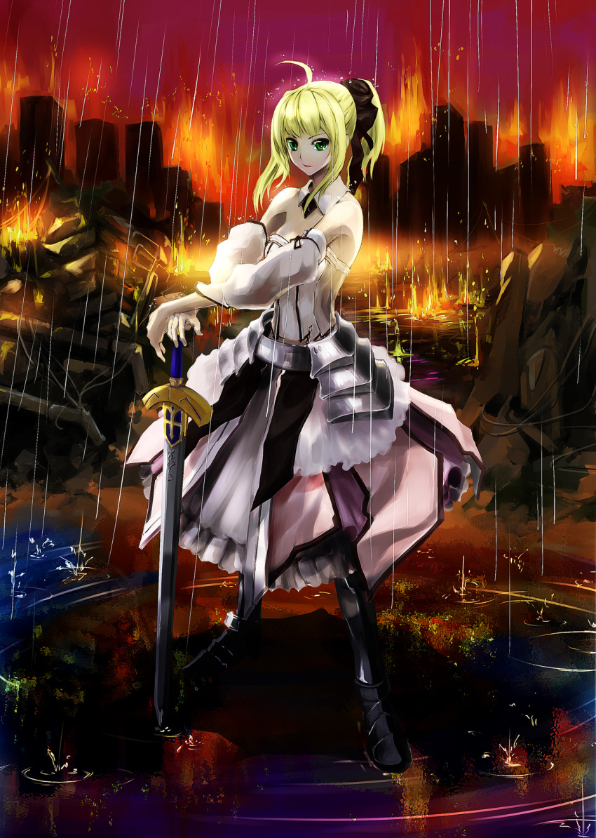 ahoge artoria_pendragon_(fate) bad_id bad_pixiv_id blonde_hair building burning burning_building doublex excalibur_(fate/stay_night) fate/stay_night fate/unlimited_codes fate_(series) female fire green_eyes hands_on_hilt highres photoshop_(medium) ponytail rain ribbon saber_lily solo standing sword water weapon