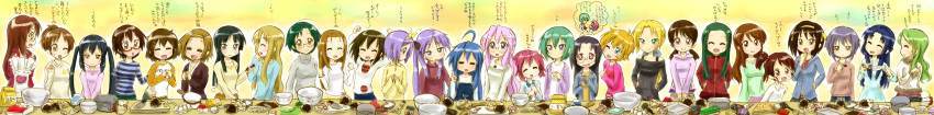 6+girls :3 absurdres ahoge akiyama_mio apron asahina_mikuru asakura_ryouko black_hair blonde_hair blue_hair brown_hair casual chocolate commentary_request company_connection cooking crossover egg everyone flour food glasses green_hair hair_ornament hairband hairclip highres hiiragi_kagami hiiragi_tsukasa hirasawa_ui hirasawa_yui iwasaki_minami izumi_konata k-on! kadomaki_shinnosuke kimidori_emiri knife kobayakawa_yutaka kotobuki_tsumugi kuroi_nanako kusakabe_misao kyon's_sister kyoto_animation long_hair lucky_star manabe_nodoka minegishi_ayano mori_sonou multiple_girls nagato_yuki nakano_azusa narumi_yui patricia_martin pink_hair purple_hair suzumiya_haruhi suzumiya_haruhi_no_yuuutsu tainaka_ritsu takara_miyuki tamura_hiyori translated tsuruya twintails very_long_hair wide_image yamanaka_sawako