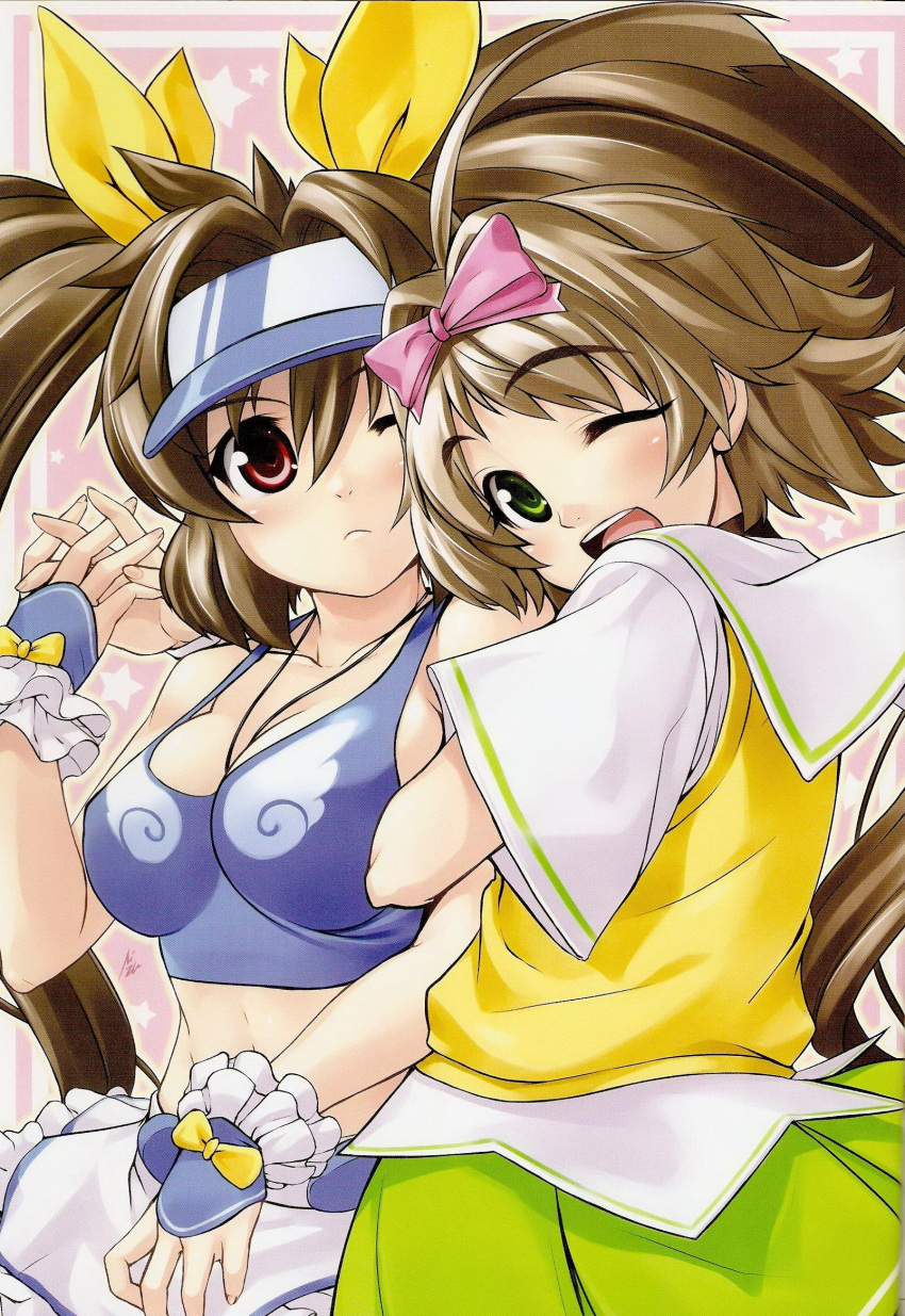 2girls ahoge arm_hug bare_shoulders between_breasts bow breasts brown_hair cleavage fingerless_gloves gloves green_eyes hairbow hasumi_eri highres holding_hands hug impossible_clothes impossible_shirt jewelry large_breasts long_hair midriff mirumachi_kurumi multiple_girls navel necklace official_art one_eye_closed open_mouth pleated_skirt red_eyes ribbon scan school_uniform serafuku shirt short_hair skirt sugeno_tomoaki twintails vanguard_princess very_long_hair vest visor_cap yellow_bow