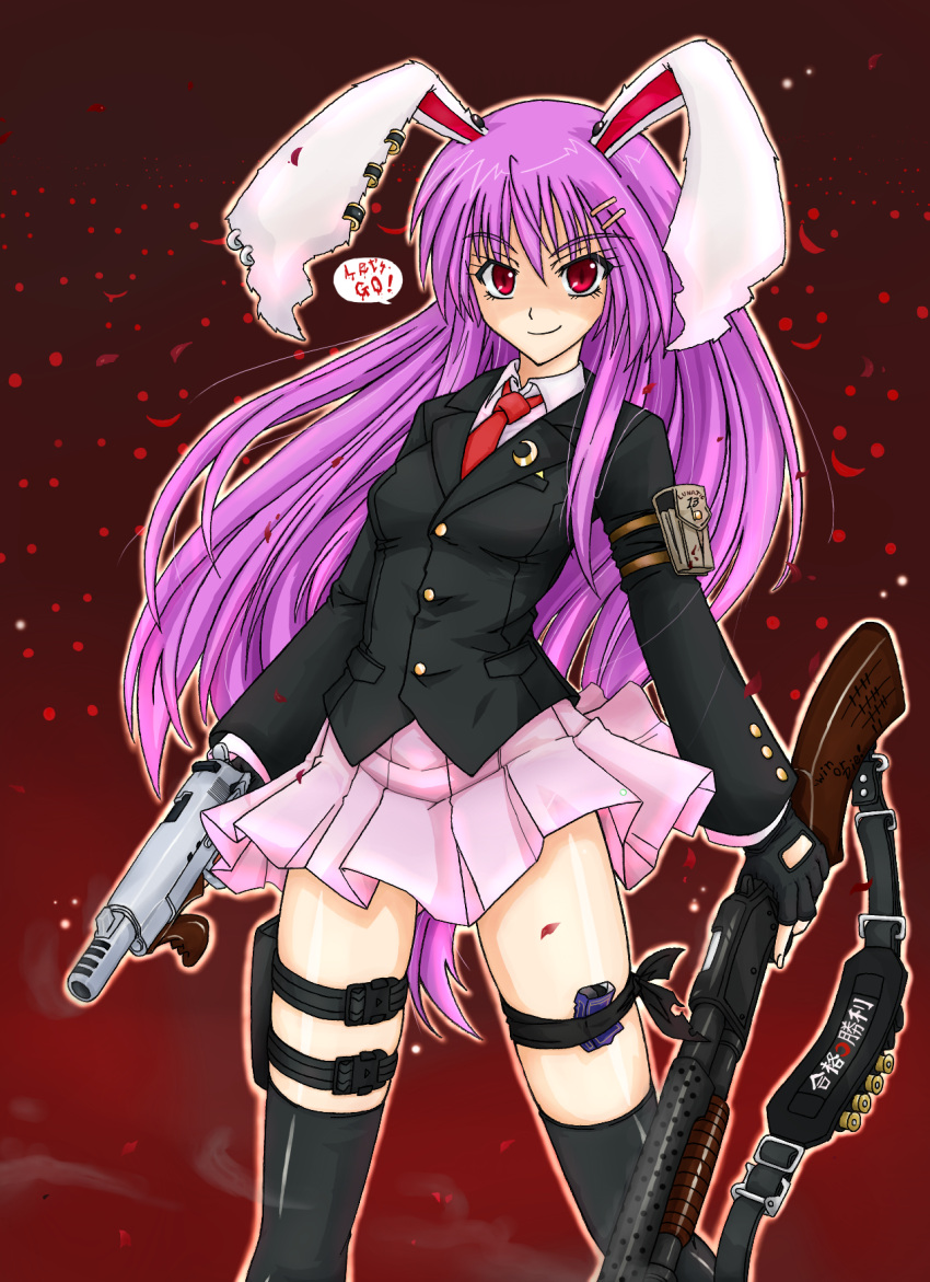 ammunition animal_ears arm_pouch bandana barrel_shroud black_jacket black_thighhighs blazer buckle bullet buttons collared_shirt commentary_request compensator ear_piercing english_text feet_out_of_frame female fingerless_gloves gloves gradient_background gun gun_sling handgun highres holding holding_gun holding_weapon holster jacket jewelry lapels long_hair long_sleeves mickey_dunn miniskirt moon necktie piercing pleated_skirt pouch pump_action purple_hair rabbit_ears red_background red_eyes red_necktie reisen_udongein_inaba shirt shotgun shotgun_shell skirt smile snap-fit_buckle solo tally thigh_holster thigh_pouch thigh_strap thighhighs touhou vertical_foregrip very_long_hair weapon white_shirt white_skirt