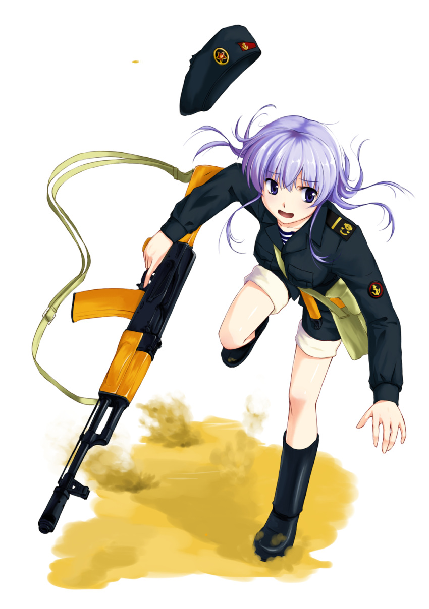 ak-74 assault_rifle beret boots commentary_request copyright_request female gun hat highres kalashnikov_rifle military military_uniform mizuki_(mizuki_ame) rifle shirt solo soviet soviet_naval_infantry soviet_navy striped_clothes striped_shirt telnyashka uniform weapon