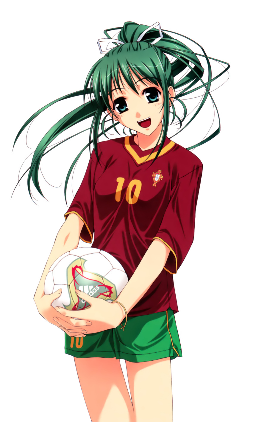 2002_fifa_world_cup absurdres adidas aqua_eyes ball clothes_writing female fevernova green_hair green_shorts highres jersey long_hair murakami_suigun open_mouth ponytail portugal shorts soccer soccer_ball soccer_uniform solo sportswear world_cup