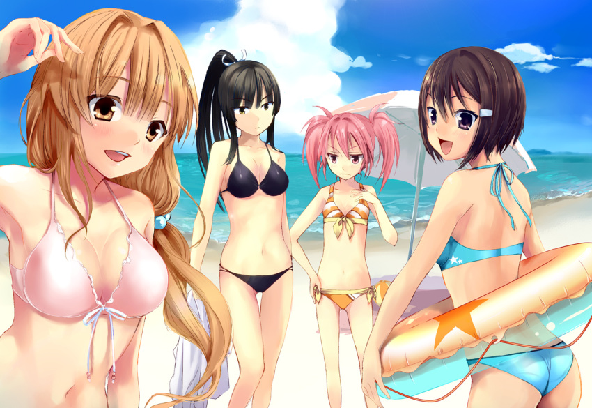 4girls ass beach bikini black_hair blush breast_envy breasts brown_eyes brown_hair cleavage cloud commentary_request day edomae_lunar front-tie_top hair_ornament hairclip hakka0320 innertube large_breasts long_hair looking_at_breasts looking_at_viewer looking_back multiple_girls navel ocean open_mouth outdoors photoshop_(medium) pink_eyes pink_hair ponytail seto_no_hanayome seto_sun shiranui_akeno short_hair side-tie_bikini_bottom sky smile swim_ring swimsuit thigh_gap twintails umbrella water zenigata_mawari