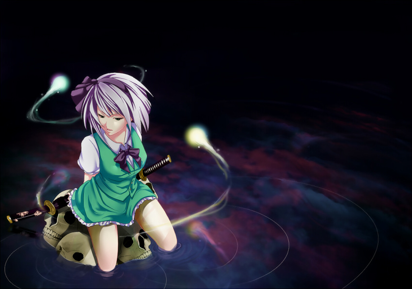 bad_id bad_pixiv_id blue_eyes female ghost glowing hairband hitodama konpaku_youmu pochiharu ribbon short_hair sitting sitting_on_object skull soaking_feet solo sword touhou water weapon white_hair