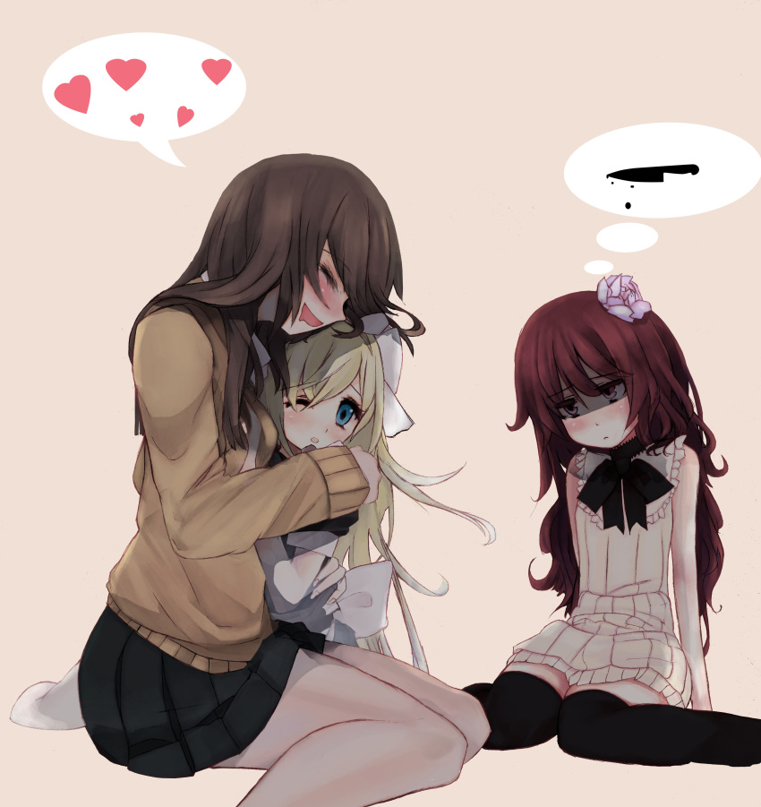 3girls =_= absurdres bad_id bad_pixiv_id black_thighhighs bow comrade_stalin flower hair_flower hair_ornament hairbow heart highres hug jealous knife multiple_girls one_eye_closed open_mouth original photoshop_(medium) shaded_face sitting smile thighhighs thinking wariza yandere yuri