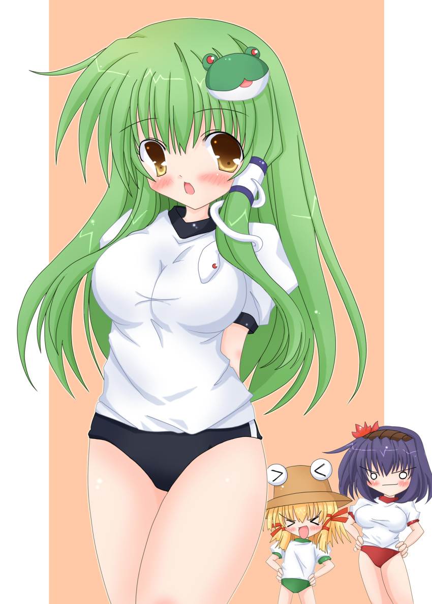 >_< 3girls arms_behind_back asagiri_hayate blonde_hair blue_hair blush breasts brown_eyes buruma closed_eyes commentary_request frog green_hair hair_ornament hair_ribbon hands_on_own_hips hat highres kochiya_sanae large_breasts long_hair md5_mismatch moriya_suwako multiple_girls o_o open_mouth ribbon short_hair snake touhou yasaka_kanako yellow_eyes