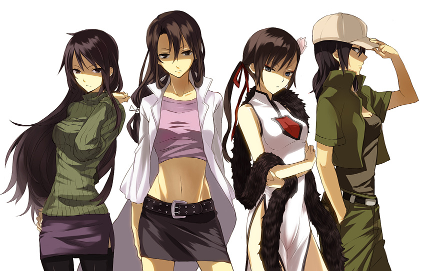 4girls belt black_hair china_dress chinese_clothes collarbone commentary_request creator_connection crop_top dress durarara!! ei_yi_li etsusa_oohashi fur hat kijima_shizune long_hair mashiro_(sekai_no_chuushin_hariyama-san) midriff multiple_girls nanamura navel pencil_skirt photoshop_(medium) sekai_no_chuushin_hariyama-san shirt skirt sweater taut_clothes taut_shirt thighhighs twintails vamp! yagiri_namie