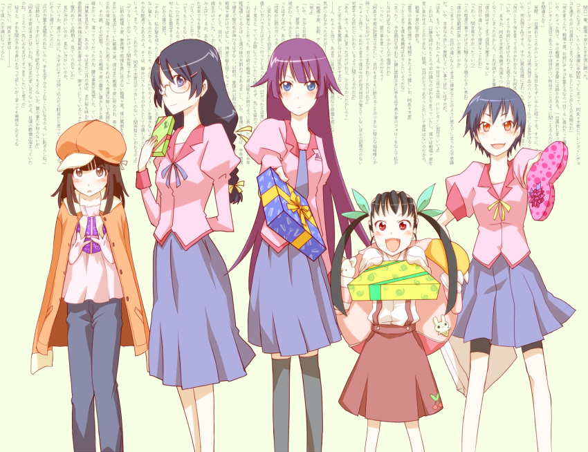 5girls bakemonogatari box commentary_request gift green_ribbons hachikuji_mayoi hair_ribbon hana_azuki hanekawa_tsubasa heart-shaped_box highres holding holding_gift incoming_gift juliet_sleeves kanbaru_suruga long_sleeves monogatari_(series) multiple_girls naoetsu_high_school_uniform nekomonogatari puffy_sleeves ribbon school_uniform sengoku_nadeko senjougahara_hitagi valentine wall_of_text