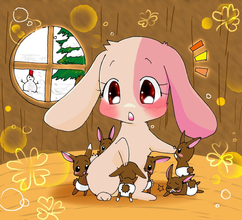 anthro baby blush brown_body brown_fur domestic_rabbit eyelashes female fur gaku's_baby_brothers group happy_happy_clover inside kale's_baby_brothers lagomorph leporid litter_(animal) long_ears lop_rabbit male male/female mallow_(happy_happy_clover) mammal oryctolagus pixiv rabbit sayuri_tatsuyama sibling_(lore) size_difference snow snowman triplets_(lore) unknown_artist window winter young