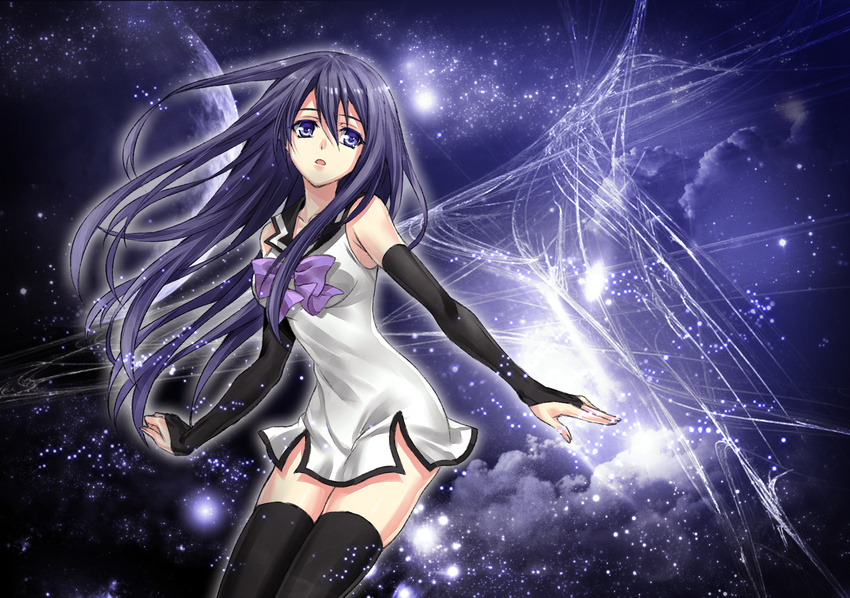 arms_at_sides bare_shoulders black_hair black_thighhighs blue_eyes bow bowtie breasts collarbone commentary_request detached_sleeves dress female gokukoku_no_brynhildr hair_between_eyes highres kuroha_neko long_hair looking_at_viewer md5_mismatch medium_breasts parted_lips photoshop_(medium) purple_bow purple_bowtie sailor_collar sailor_dress short_dress sidelocks solo thighhighs very_long_hair yuuheisyoujyo