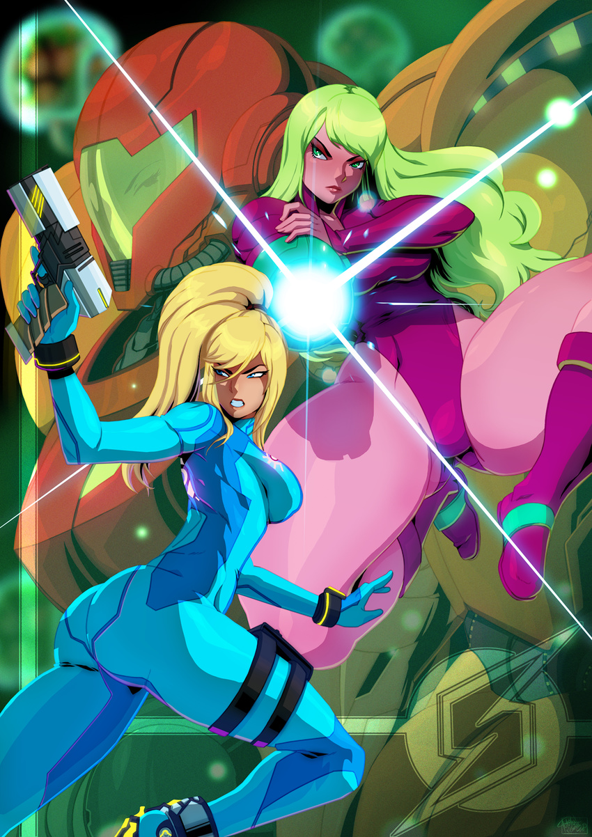 aiming aiming_at_viewer alternate_costume arm_cannon ass assault_visor blonde_hair blue_eyes bodysuit commentary english_commentary female green_eyes green_hair gun handgun helmet highres holding holding_gun holding_weapon justin_bailey leotard long_hair md5_mismatch metroid multiple_persona paralyzer ponytail samus_aran thick_thighs thighs tovio_rogers varia_suit weapon zero_suit