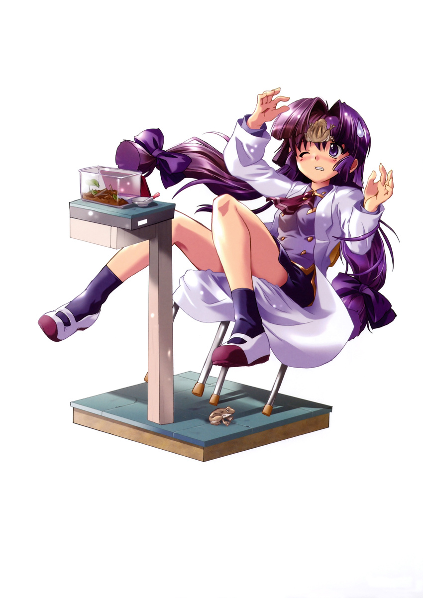 absurdres aoi_academy_school_uniform chair falling female frog full_body hair_intakes highres kamishiro_rin komatsu_eiji lab_coat legs long_hair long_sleeves maburaho one_eye_closed photoshop_(medium) purple_eyes purple_hair scan school_uniform shoes simple_background sitting socks sweatdrop terrarium uwabaki very_long_hair white_background