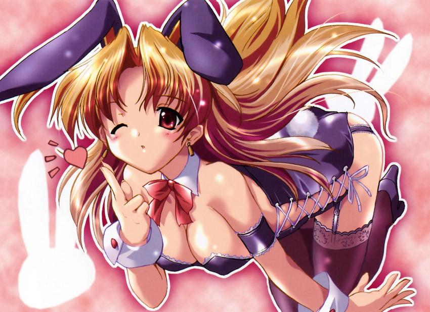 ;o absurdres animal_ears armband ass black_legwear blonde_hair breasts cleavage earrings fake_animal_ears female garter_straps hair_intakes heart highres jewelry kazetsubaki_kuriko komatsu_eiji lace lace-trimmed_panties lace_trim large_breasts maburaho one_eye_closed panties photoshop_(medium) playboy_bunny rabbit_ears rabbit_tail red_eyes scan tail thighhighs underwear wrist_cuffs