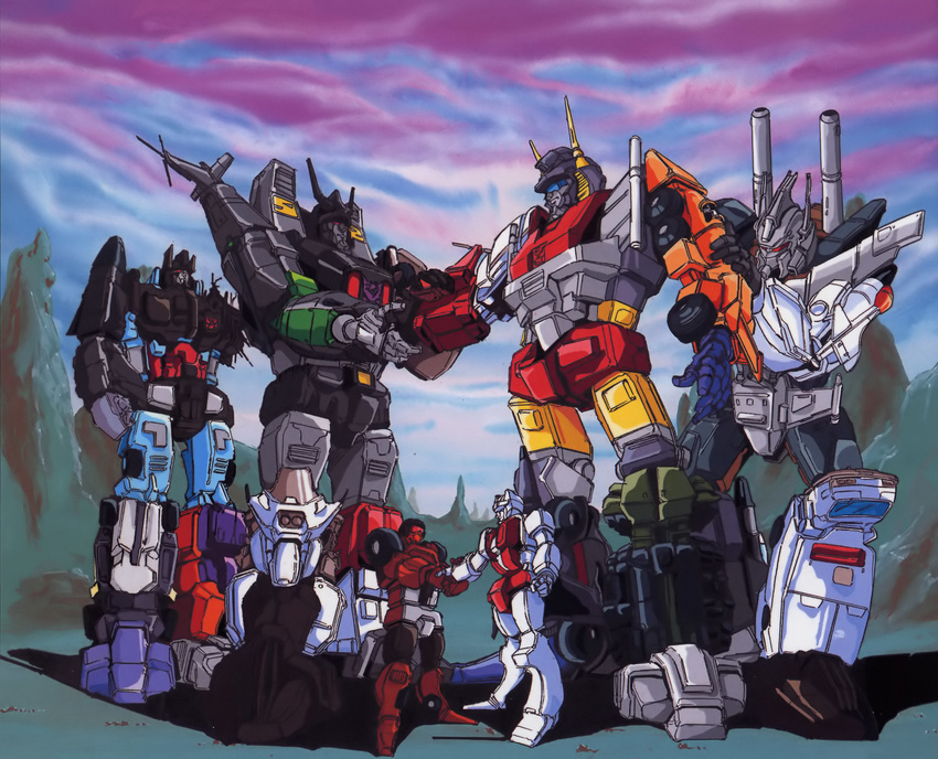 80s absurdres aerialbots air_rider autobots bruticus combaticons decepticons guardian handshake highres mecha menasor oldschool protectobots stunticons superion transformers wildrider