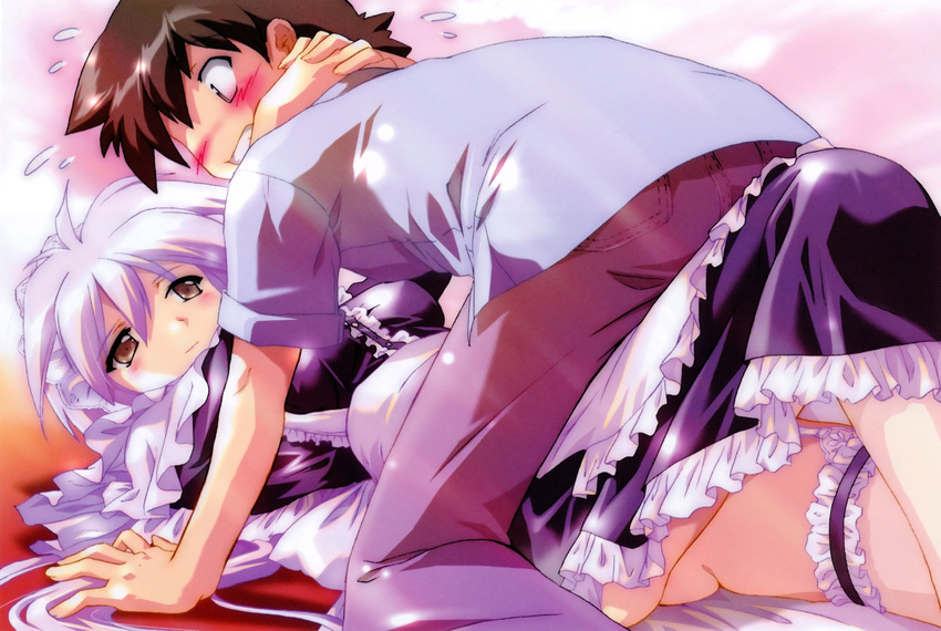 1boy absurdres blush bridal_garter brown_hair clenched_teeth female frills from_behind garter_straps highres hug komatsu_eiji legs liera_scharnhorst maburaho maid maid_headdress photoshop_(medium) purple_eyes purple_hair scan shikimori_kazuki straddling sweatdrop teasing teeth wince