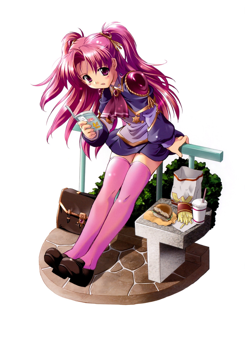 absurdres aoi_academy_school_uniform bag book burger cup drinking_straw female food french_fries highres komatsu_eiji long_sleeves maburaho miyama_yuuna paper_bag photoshop_(medium) pink_eyes pink_hair pink_thighhighs railing reading scan school_uniform solo thighhighs two_side_up zettai_ryouiki