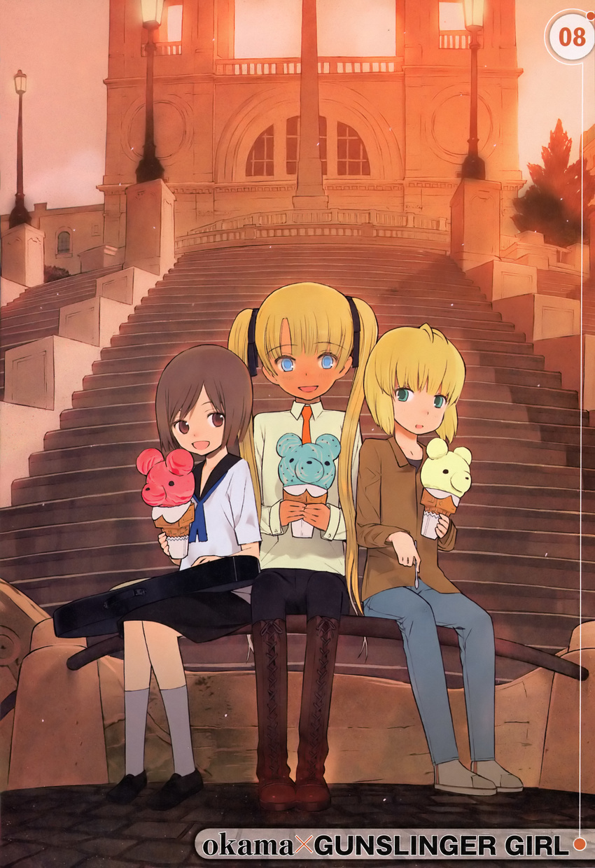 3girls absurdres blonde_hair blue_eyes bob_cut brown_eyes brown_hair copyright_name dark-skinned_female dark_skin dengeki_daioh eating fisheye food green_eyes gunslinger_girl henrietta_(gunslinger_girl) highres holding holding_food holding_ice_cream ice_cream ice_cream_spoon inverted_bob long_hair looking_at_viewer multiple_girls okama rico_(gunslinger_girl) short_hair sitting_on_bar spoon stairs stone_stairs sunset third-party_source triela very_long_hair