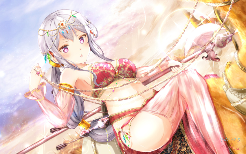 animal arabian_clothes armpits arrow_(projectile) artist_name axe bare_shoulders beads blush bra breasts camel chestnut_mouth cloud commentary_request dated day female girlfriend_(kari) grey_hair hair_ornament hand_up harem_outfit head_chain highres holding holding_axe holding_weapon jewelry long_hair looking_at_viewer low-tied_long_hair masa_(mirage77) medium_breasts midriff multi-tied_hair navel necklace o-ring outdoors outstretched_arm parted_lips partial_commentary pink_bra ponytail print_bra purple_eyes reins riding ring saddle saddlebags shigeto_akiho sitting sky solo underwear weapon