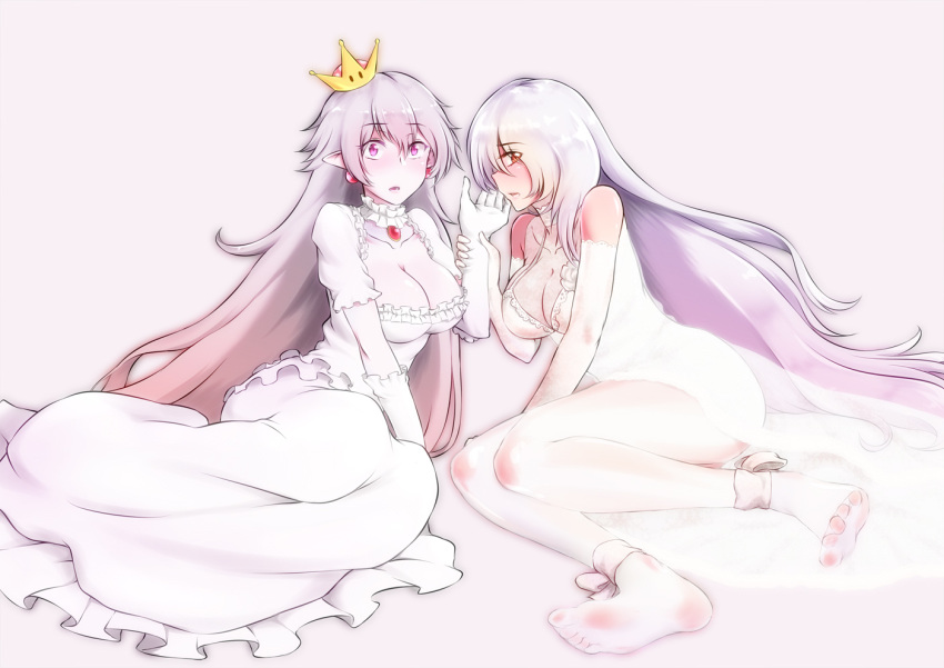 2girls ankle_bow bare_shoulders barefoot bow breasts cleavage collar collar_jewel collarbone commentary_request couple crossover crown dress earrings feet frilled_collar frilled_dress frilled_gloves frilled_sleeves frills girls'_frontline gloves grey_hair hand_up holding_another's_wrist jewelry legs long_hair looking_at_viewer luigi's_mansion mario_(series) multiple_girls pale_color pale_skin pendant_collar pk_(girls'_frontline) pointy_ears princess princess_king_boo profile purple_eyes see-through see-through_silhouette sphere_earrings spread_toes super_crown tilted_headwear toes very_long_hair white_dress white_gloves white_hair wide-eyed yamauchi_(conan-comy) yuri