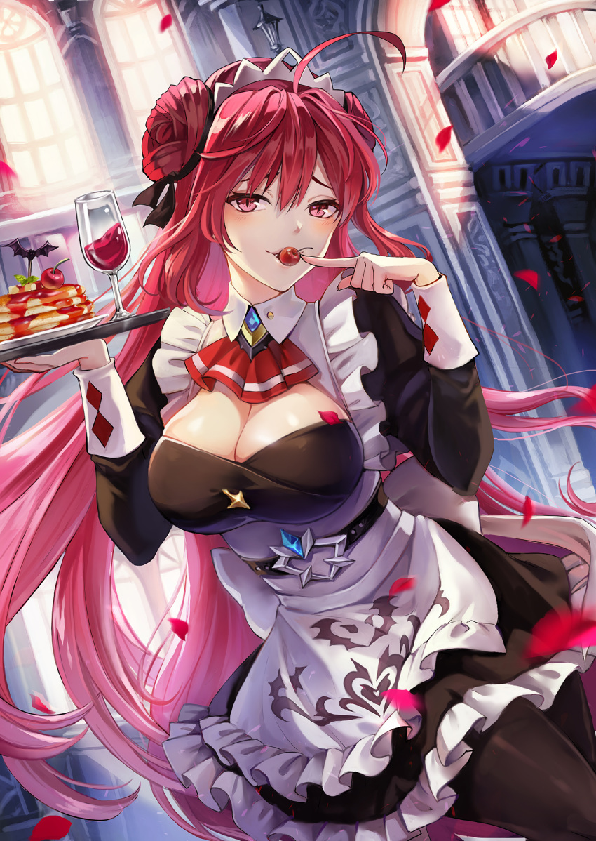 ahoge alternate_costume artist_request blush breasts cherry cleavage double_bun dress erze_(king's_raid) female food fruit highres king's_raid large_breasts long_hair looking_at_viewer maid maid_headdress naughty_face pancakes red_eyes red_hair seductive_smile shiny shiny_hair smile solo vampire very_long_hair