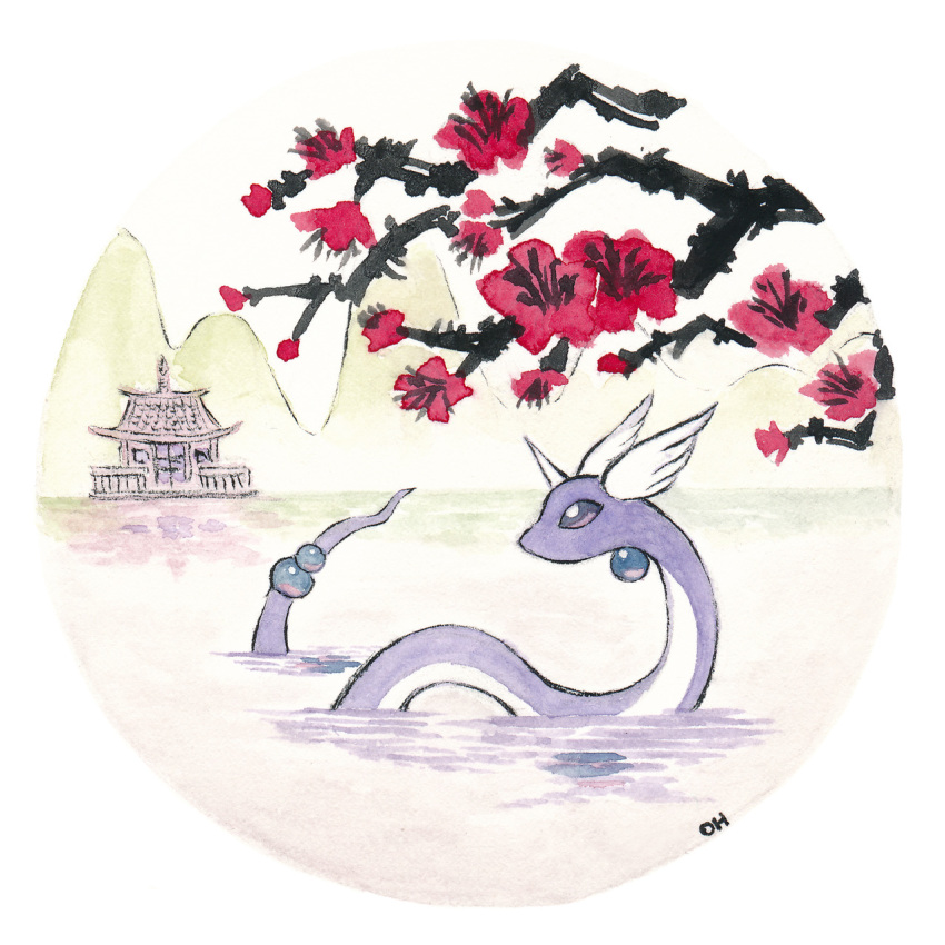 building cherry_blossoms commentary creature creatures_(company) dragonair english_commentary game_freak gen_1_pokemon highres horn mountain nintendo no_humans oliver_hamlin plant pokemon pokemon_(creature) profile reflection traditional_media tree water watercolor_(medium) white_sky