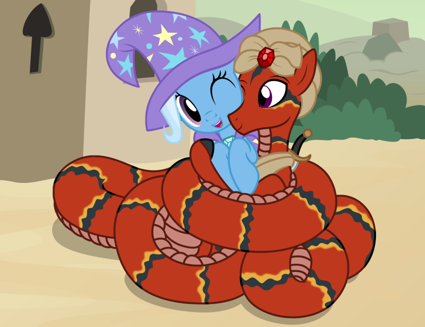 apode arabian_cat_snake badumsquish big_iris black_body black_scales blue_body blue_clothing blue_fur blue_hair blue_hat blue_headwear cape cat_snake clothed clothed_feral clothing coiling colubrid dark_pupils desert detailed_background draconcopode duo equid equine external_wall eye_contact eyelashes faces_touching female feral friendship_is_magic fur gem hair hasbro hat headgear headwear hi_res horse hug husam_(oc) iris lamia legless light_body light_fur light_hair looking_at_another mammal melee_weapon monotone_clothing monotone_headwear multicolored_body multicolored_clothing multicolored_hat multicolored_headwear multicolored_scales my_little_pony old_world_cat_snake on_ground one_eye_closed open_mouth open_smile outside plant pony pupils purple_cape purple_clothing purple_eyes purple_hat purple_headwear quadruped red_body red_ears red_scales reptile ruby_(gem) scales scalie scimitar serpentine short_fur shrub smile snake split_form sword tan_clothing tan_headwear teeth telescopus trixie_(mlp) wall_(structure) weapon witch_hat wizard_hat yellow_body yellow_clothing yellow_hat yellow_headwear yellow_scales