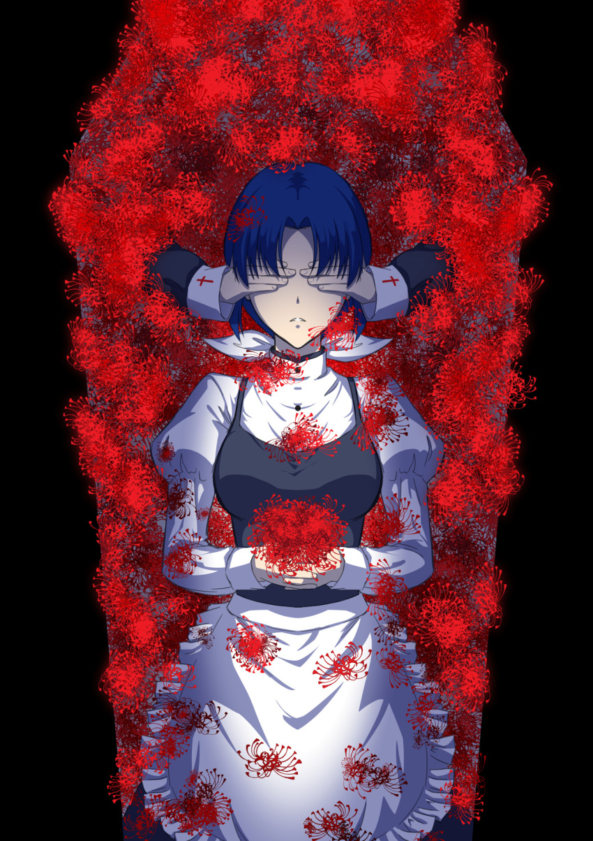 apron axia-chan black_border black_bow blue_hair border bouquet bow breasts ciel covered_eyes covering_another's_eyes elesia female flower flower_request hands_clasped highres juliet_sleeves long_sleeves medium_breasts own_hands_together puffy_sleeves rating short_hair solo solo_focus tsukihime