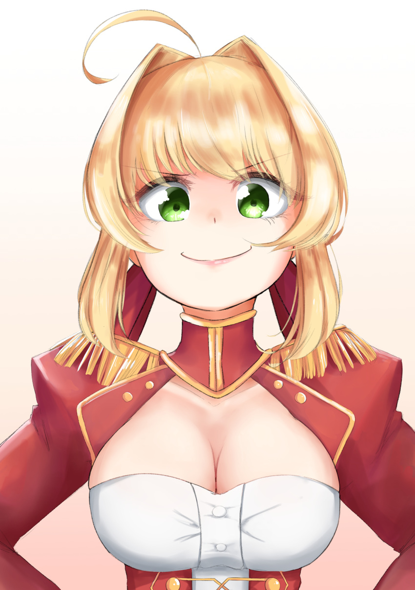 absurdres ahoge blonde_hair breasts cleavage corset dress fate/grand_order fate_(series) female green_eyes hair_intakes highres long_hair looking_at_viewer nero_claudius_(fate) nero_claudius_(fate/extra) rokuuso simple_background smile solo source_request upper_body