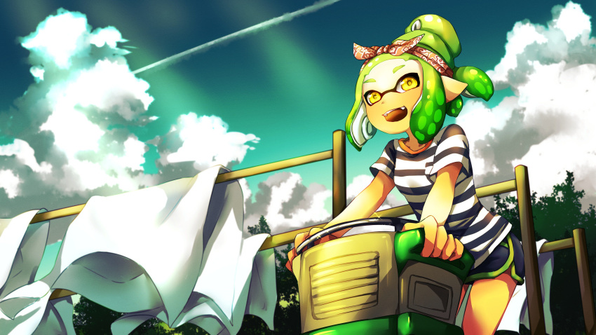 absurdres bandana black_shorts cloud cloudy_sky commentary_request contrail day fangs female green_hair highres houzuki_ringo inkling inkling_girl inkling_player_character laundry leaning_forward looking_at_viewer open_mouth outdoors shirt shorts sky smile solo splatoon_(series) standing striped_clothes striped_shirt tentacle_hair tied_hair tree white_shirt yellow_eyes