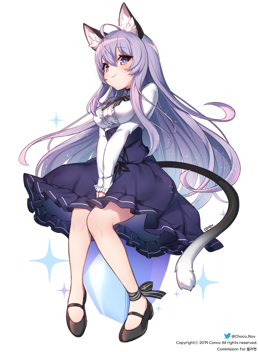 ahoge animal_ear_fluff animal_ears ankle_ribbon black_choker black_footwear black_skirt blue_eyes blush breasts cat_ears cat_tail center_frills choker collared_shirt commentary_request commission female frilled_skirt frills full_body hair_between_eyes high-waist_skirt highres konbu_(hida123) large_breasts leg_ribbon light_purple_hair long_hair long_sleeves ribbon shirt silver_hair sitting skirt smile solo sparkle tail unleashed v_arms veronju_caesar_(unleashed) very_long_hair white_shirt