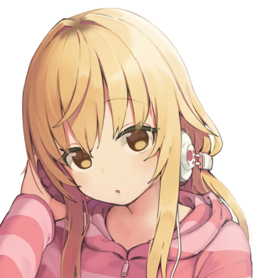 :o blonde_hair brown_eyes commentary_request female hair_between_eyes hand_on_headphones hand_up head_tilt headphones highres hood hood_down hooded_jacket ienaga_mugi ienaga_mugi_(1st_costume) jacket long_hair nijisanji parted_lips pink_jacket seramikku sidelocks simple_background solo striped_clothes striped_jacket upper_body virtual_youtuber white_background