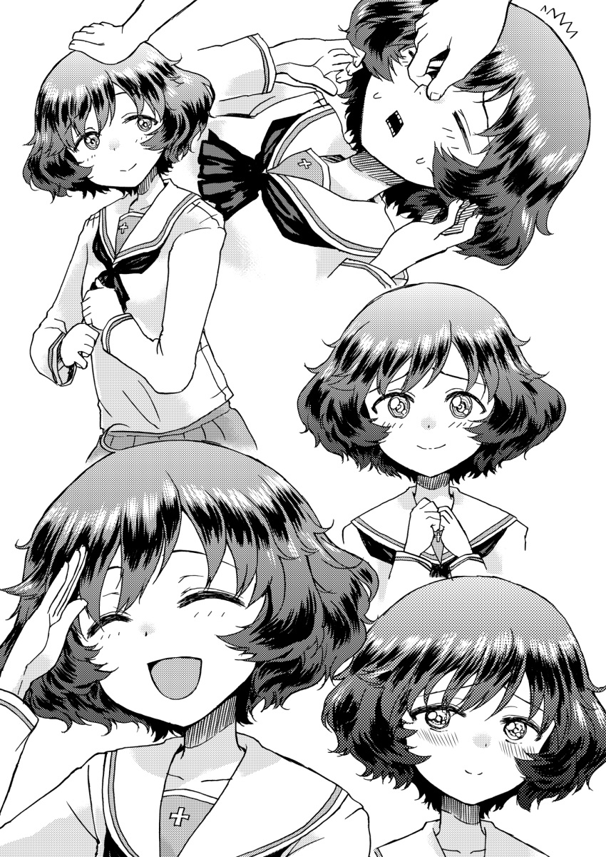 /\/\/\ :d =_= akiyama_yukari black_neckwear blush closed_eyes disembodied_hands disembodied_limb doujinshi female from_side girls_und_panzer hand_in_another's_hair hand_on_another's_head highres hirota_masatane long_sleeves looking_at_viewer looking_back lying messy_hair miniskirt monochrome multiple_views neckerchief on_back ooarai_school_uniform open_mouth petting pleated_skirt salute school_uniform screentones short_hair skirt smile