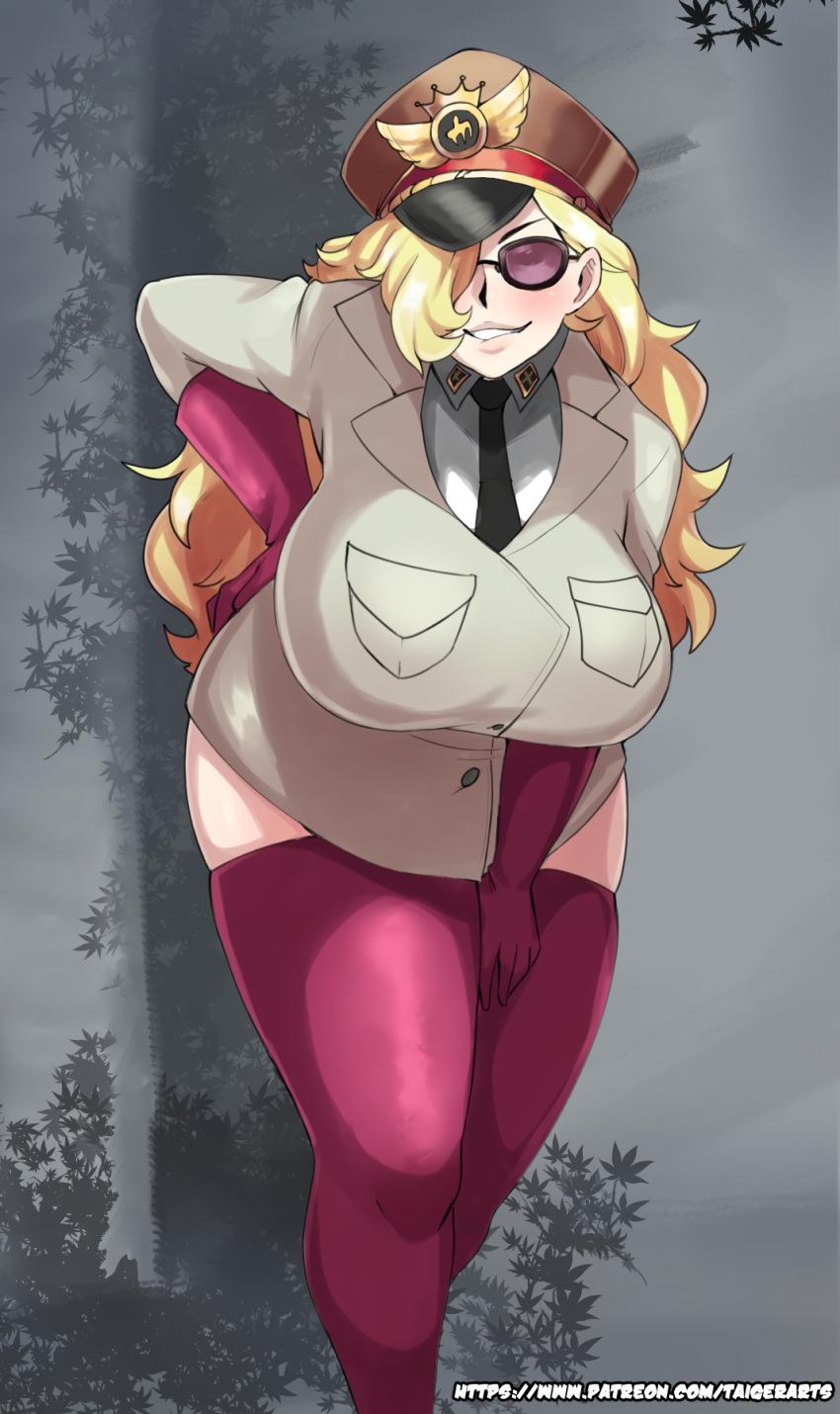 blonde_hair blush breasts curvy domino_(one_piece) facing_viewer female gloves grey_background grin hair_over_one_eye hand_on_hip hat highres large_breasts leaning_forward long_hair military military_hat military_uniform one_piece plump red_gloves red_legwear smile solo standing sunglasses taigerarts thighhighs thighs tie uniform wide_hips