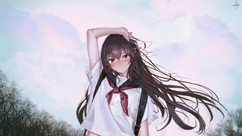 arm_up backpack bag black_sailor_collar blush brown_eyes brown_hair cloud cloudy_sky female long_hair looking_at_viewer neckerchief original red_neckwear sailor_collar shirt short_sleeves sky smile solo tifg39 tree upper_body white_shirt