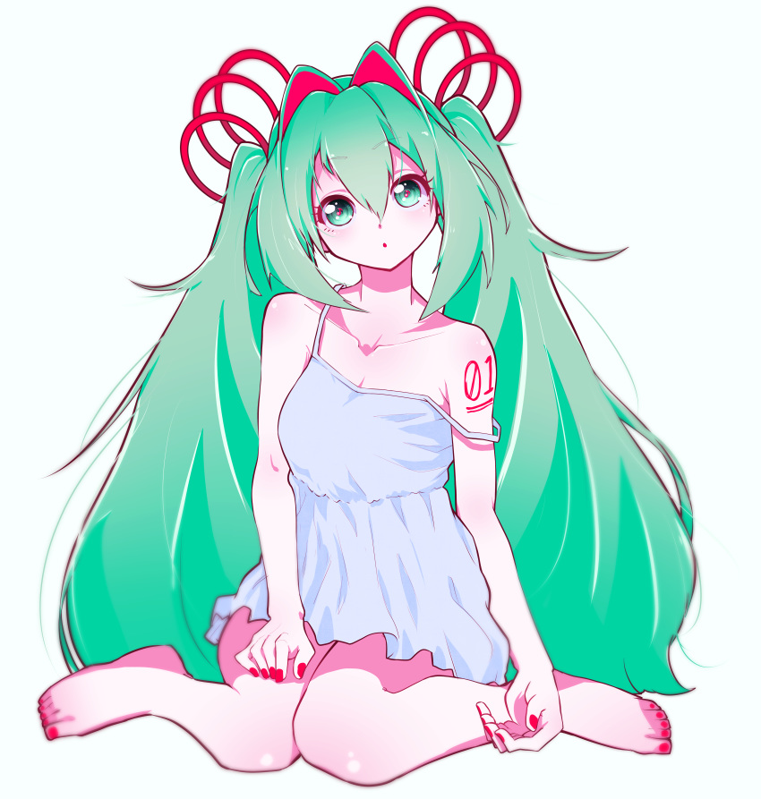 :o absurdres bad_id bad_pixiv_id bare_arms bare_legs bare_shoulders barefoot breasts collarbone commentary female green_eyes green_hair hair_between_eyes hair_ornament hatsune_miku highres jipponwazaari long_hair medium_breasts nail_polish nightgown red_nails simple_background sitting solo very_long_hair vocaloid white_background white_nightgown