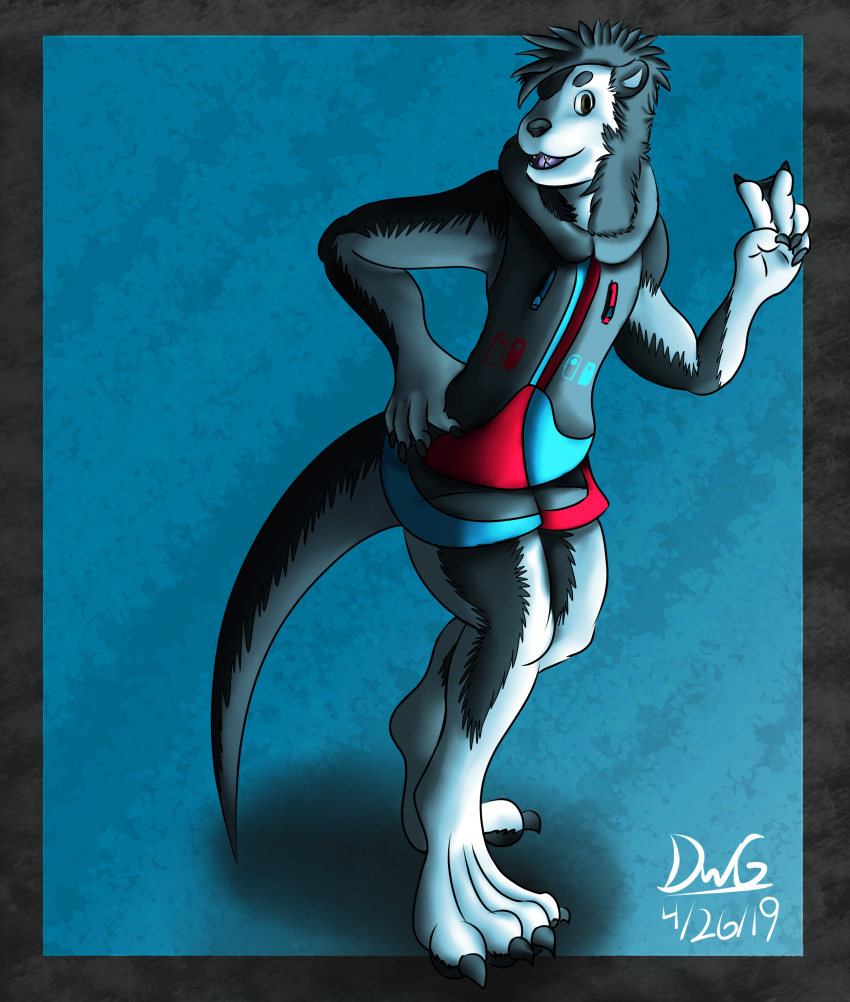 2019 absurd_res anthro canid canine canis devan domestic_dog dragonwithgames femboy gesture hand_gesture hi_res husky hybrid looking_at_viewer male mammal mustelid nordic_sled_dog otter signature solo spitz v_sign