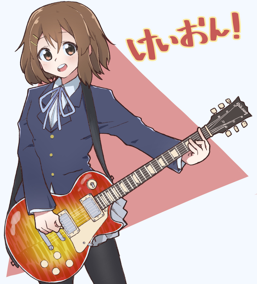 absurdres bad_id bad_pixiv_id blue_jacket blue_neckwear blue_ribbon blush brown_eyes brown_hair commentary_request electric_guitar female grey_skirt guitar hair_between_eyes hair_ornament hairclip highres hirasawa_yui holding instrument jacket jipponwazaari k-on! long_sleeves looking_at_viewer pantyhose red_background ribbon sakuragaoka_high_school_uniform school_uniform short_hair simple_background skirt solo teeth translated two-tone_background upper_teeth_only white_background winter_uniform