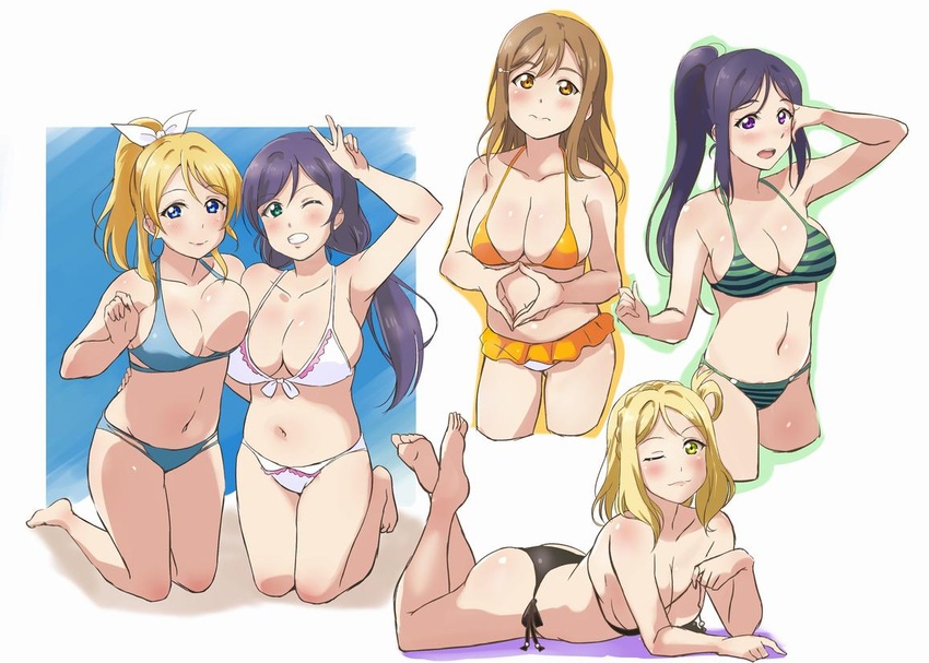 5girls asymmetrical_docking ayase_eli barefoot bikini blonde_hair blue_eyes blue_hair breast_press breasts brown_eyes brown_hair cleavage clenched_hand collarbone commentary_request cropped_legs feet_up front-tie_bikini_top front-tie_top green_bikini green_eyes green_outline hair_ornament hair_ribbon hairpin halterneck holding in-franchise_crossover kneeling kunikida_hanamaru large_breasts looking_at_viewer love_live! love_live!_school_idol_project love_live!_sunshine!! lying matsuura_kanan multiple_girls navel ohara_mari on_stomach one_eye_closed orange_bikini orange_outline outline purple_eyes purple_hair ribbon side-tie_bikini_bottom sidelocks smile striped_bikini striped_clothes swimsuit the_pose tojo_nozomi turkey_min w white_background white_bikini white_ribbon wrist_extended