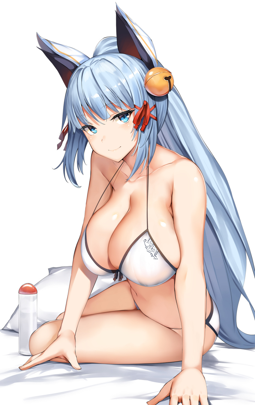 animal_ears aqua_eyes bed_sheet bell bikini blush breasts cleavage collarbone female hair_ornament highres hisame_shakadou kanpani_girls large_breasts lolicept long_hair looking_at_viewer navel silver_hair simple_background sitting solo swimsuit white_background white_bikini yokozuwari