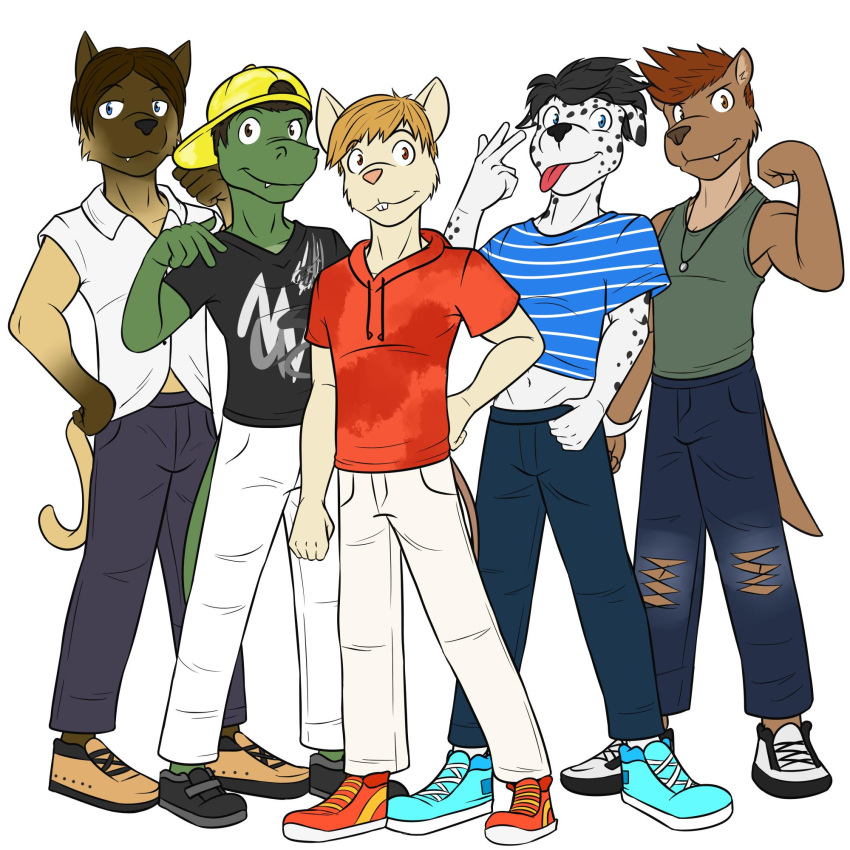 1:1 alligator alligatorid anthro canid canine canis clothed clothing crocodilian crop_top dalmatian domestic_cat domestic_dog felid feline felis fully_clothed fuze gesture group hand_gesture hi_res male mammal midriff mouse murid murine mustelid navel otter reptile reverse_v_sign rodent scalie shirt simple_background tank_top topwear v_sign white_background