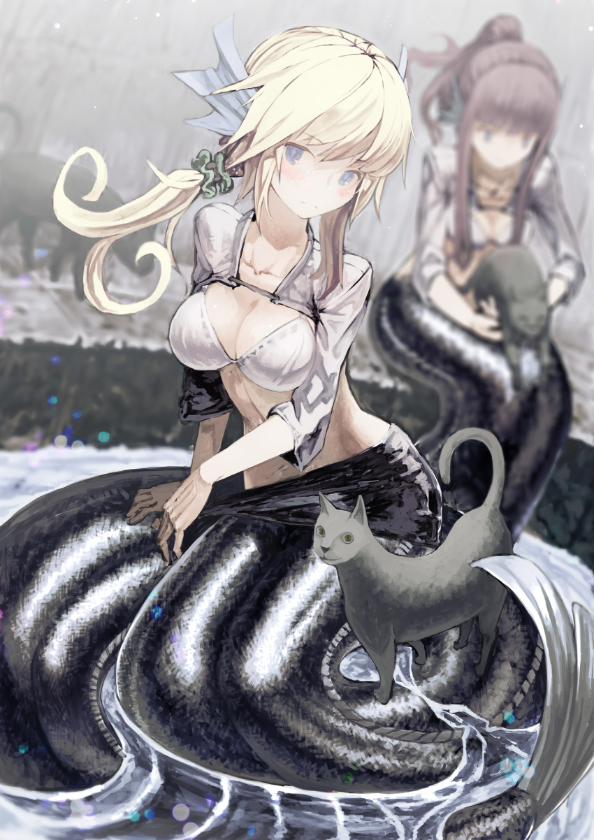 2girls blonde_hair blue_eyes blurry blush bra breasts cleavage depth_of_field feline female head_fins highres mermaid monster_girl multiple_girls original partially_submerged ponytail sitting tefec underwear water wet