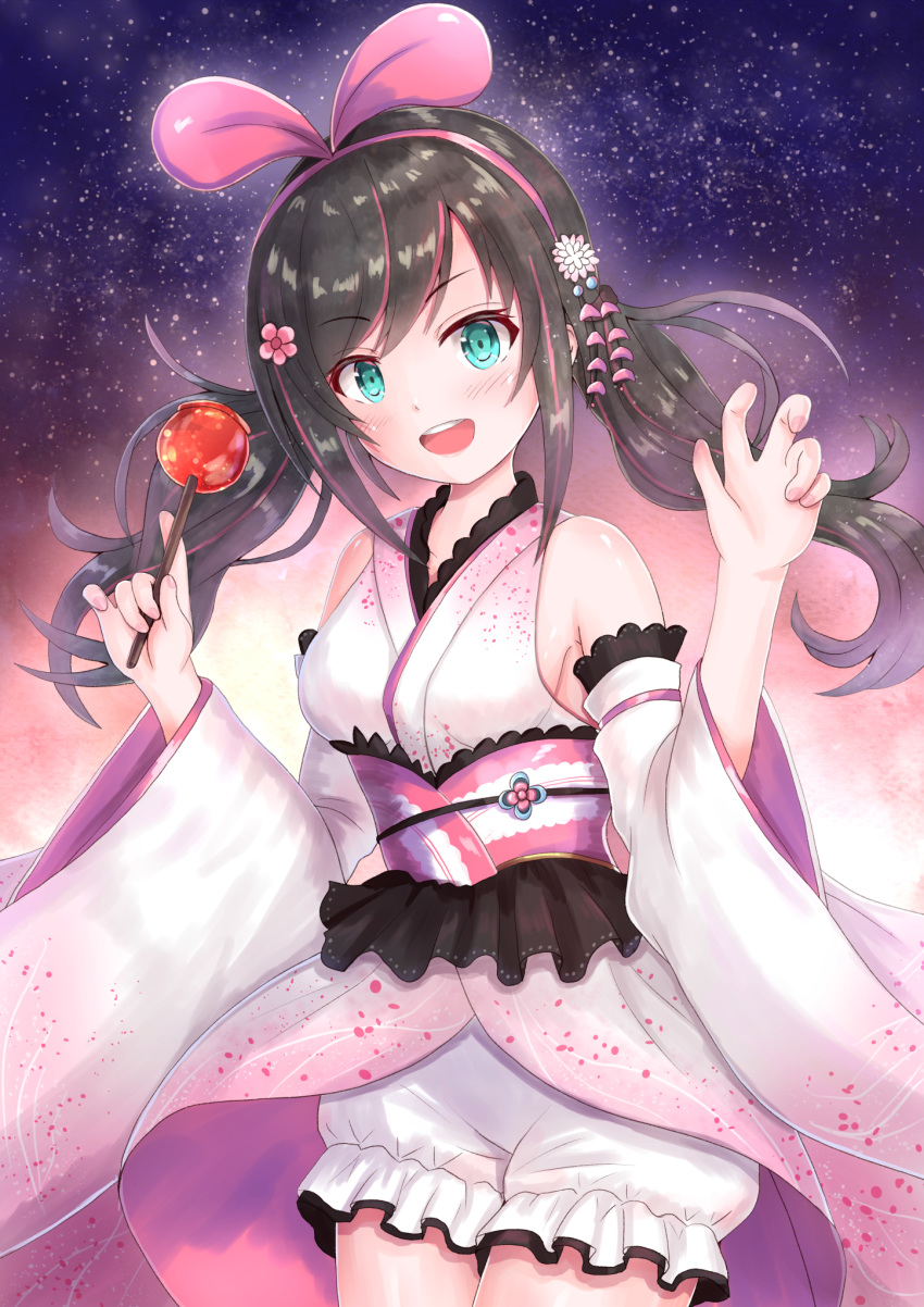 alternate_costume alternate_hairstyle azur_lane black_hair bloomers cocoasabure commentary detached_sleeves female food hair_ornament headband highres japanese_clothes kimono kizuna_ai kizuna_ai_(festive)_(azur_lane) kizuna_ai_inc. long_hair looking_at_viewer night open_mouth sky sleeveless solo star_(sky) starry_sky twintails underwear virtual_youtuber yukata