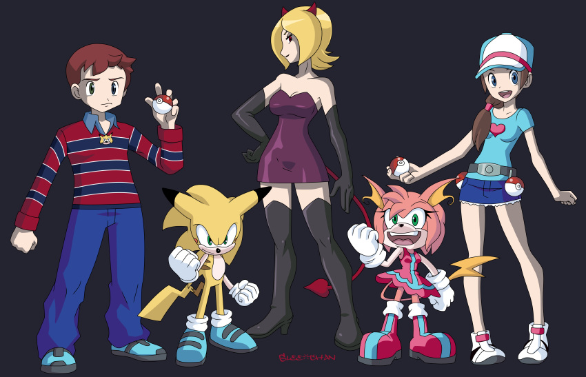 absurd_res blonde_hair blue_eyes boots breasts brown_hair chris_chan cleavage clothed clothing demon dress eulipotyphlan female footwear fur generation_1_pokemon glee-chan green_eyes group hair hedgehog heterochromia hi_res holding_object holding_pokeball horn kellie_felix male mammal mary_lee_walsh_(sonichu) medallion nintendo pikachu pink_body pink_fur pokeball pokemon pokemon_(species) ponytail raichu rosechu_(character) sega sonic_the_hedgehog_(series) sonichu_(character) sonichu_(series) sonichu_medallion standard_pokeball sweater topwear yellow_body yellow_fur