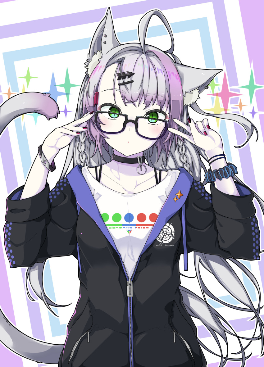 :o absurdres ahoge animal_ear_fluff animal_ears atalanta_(fate) atalanta_alter_(fate) black-framed_eyewear black_choker black_jacket black_nails black_scrunchie cat_ears cat_girl cat_tail choker collared_shirt commentary_request fate/grand_order fate_(series) female fingernails glasses green_eyes grey_hair hair_ornament hairclip head_tilt highres jacket kirishina_(raindrop-050928) long_hair multicolored_hair multicolored_nails nail_polish open_clothes open_jacket parted_lips photoshop_(medium) pink_hair red_nails scrunchie shirt slit_pupils solo sparkle tail tail_raised two-tone_hair upper_body very_long_hair white_shirt wrist_scrunchie