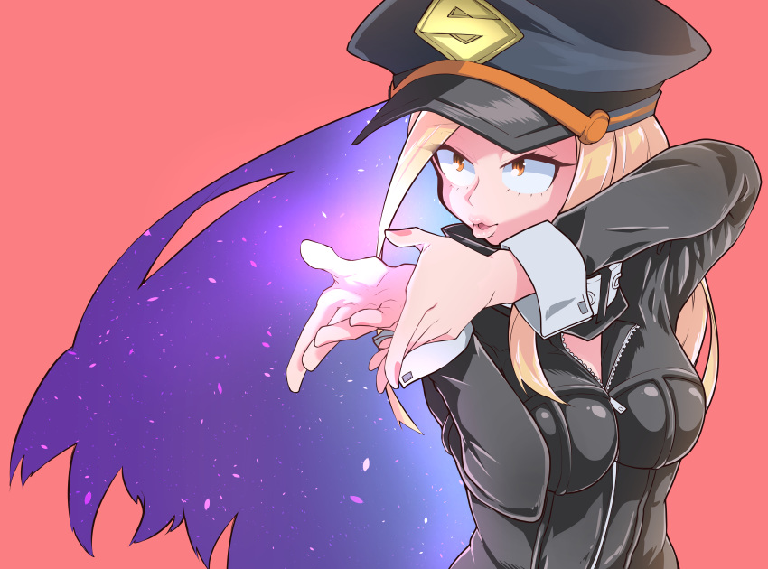 absurdres bad_id bad_pixiv_id black_bodysuit black_hat blonde_hair bodysuit boku_no_hero_academia breasts brown_eyes commentary female hat highres jipponwazaari large_breasts long_hair long_sleeves looking_to_the_side nail_polish parted_lips peaked_cap pink_nails solo superhero_costume upper_body utsushimi_kemii