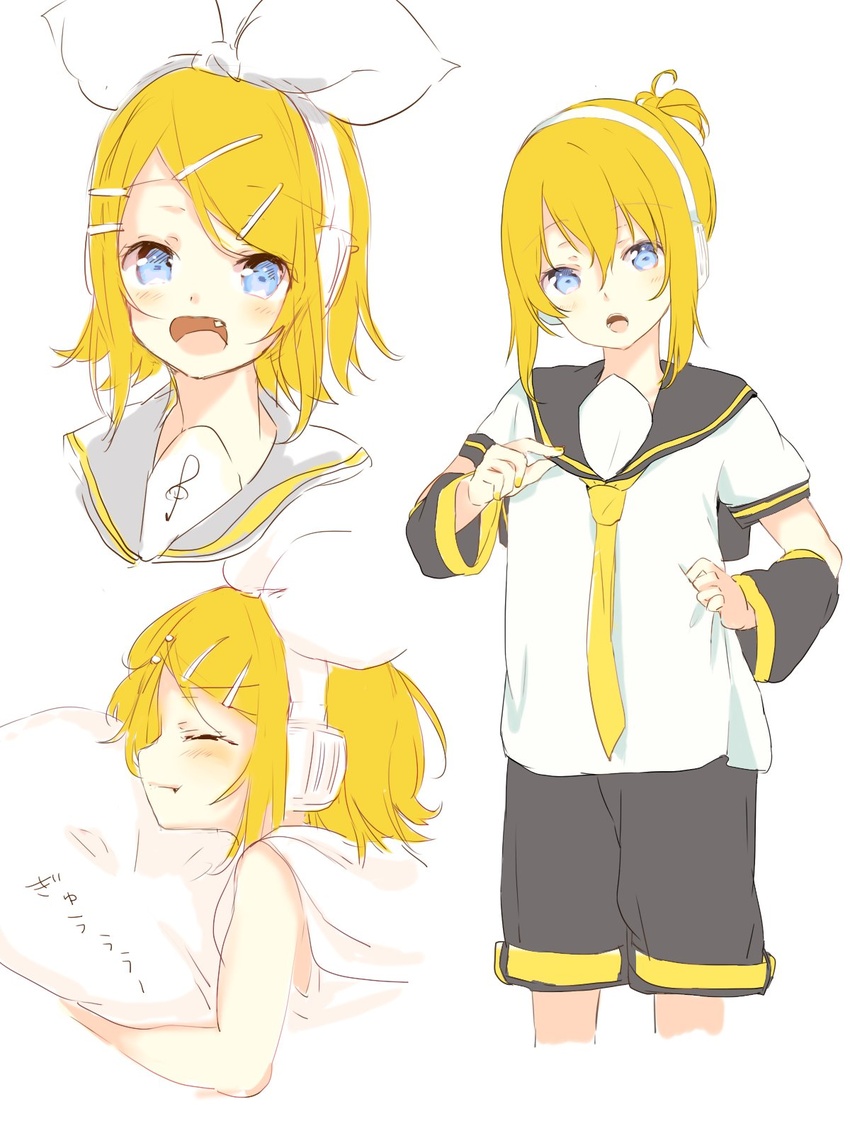 :t androgynous bad_id bad_twitter_id blonde_hair blue_eyes blush cosplay crossdressing detached_sleeves female hair_ornament hairclip headphones headset highres kagamine_len kagamine_len_(cosplay) kagamine_rin leg_warmers looking_at_viewer necktie oerba_yun_fang oyamada_gamata pillow puffy_cheeks sailor_collar shorts siblings straight_hair treble_clef twins vocaloid yellow_necktie