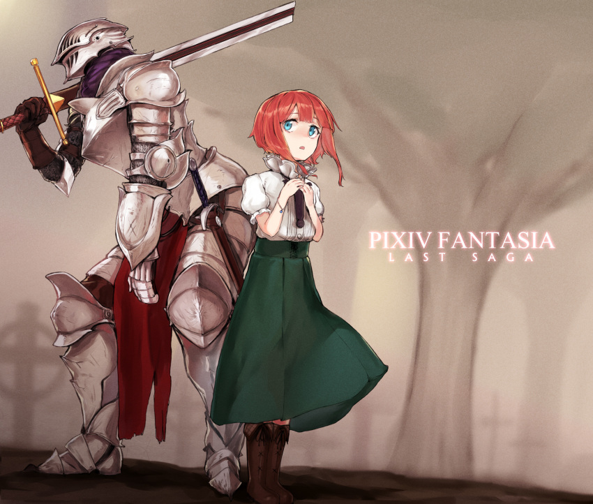 1boy :o armor blue_eyes boots bracelet breastplate broken broken_sword broken_weapon brown_footwear brown_gloves cecilia_(pixiv_fantasia_last_saga) center_frills commentary copyright_name female fidelio_(pixiv_fantasia_last_saga) frilled_shirt_collar frills frown full_armor gauntlets gloves greaves green_skirt grey_background grey_footwear hands_up height_difference helm helmet highres holding holding_sword holding_weapon jewelry legs_together long_skirt no_nose open_mouth over_shoulder pixiv_fantasia pixiv_fantasia_last_saga poco_(backboa) puffy_short_sleeves puffy_sleeves red_hair sheath shirt short_hair short_sleeves simple_background skirt standing sword sword_over_shoulder weapon weapon_over_shoulder white_shirt