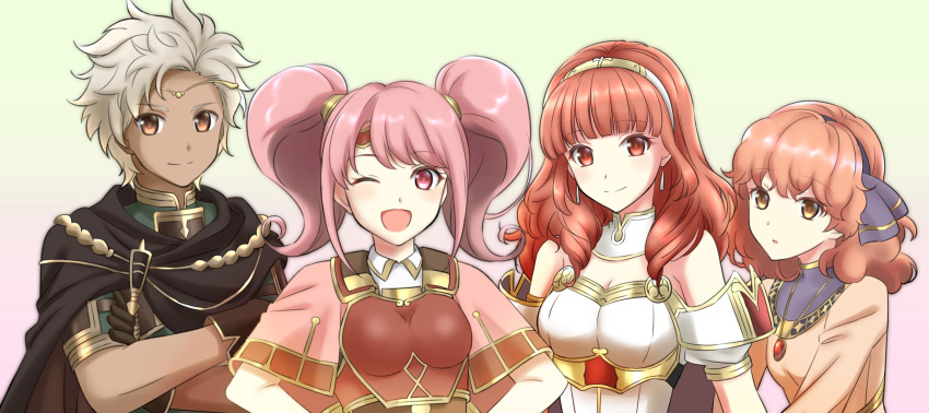 1boy 3girls armor boey_(fire_emblem) boobplate breastplate brown_eyes cape celica_(fire_emblem) circlet closed_mouth commentary_request crossed_arms dark-skinned_male dark_skin detached_collar earrings fire_emblem fire_emblem_echoes:_shadows_of_valentia genny_(fire_emblem) hairband highres jewelry kakiko210 long_hair mae_(fire_emblem) multiple_girls necklace one_eye_closed open_mouth parted_lips pink_eyes pink_hair red_armor red_eyes red_hair short_hair short_sleeves simple_background smile twintails upper_body white_armor white_hair